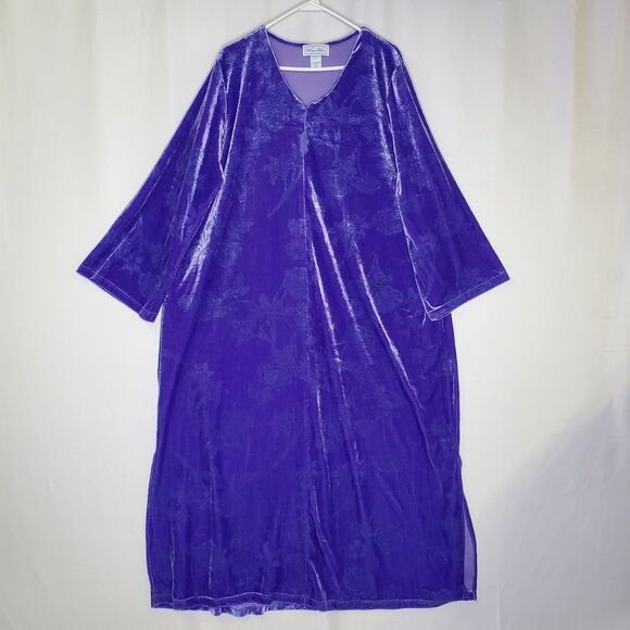Vtg Velvet Maxi Kimono Robe Large Purple Sparkle Floral...